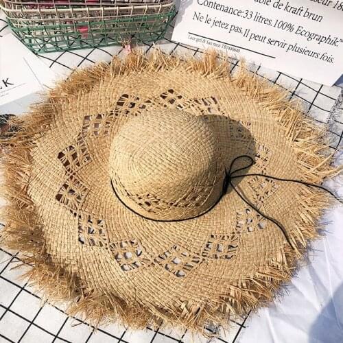 Natural Large Wide Brim Raffia Straw Hats Woven Circle Fringe Beach Cap Summer Hollow Out Big Straw Hat beach hat straw hat