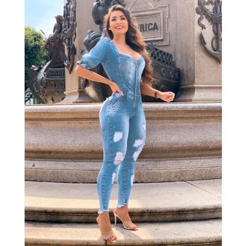 Ripped Jeans Jumpsuit Sexy Women V-neck Bodycon Autumn Denim Casual Pencil Overalls Rompers