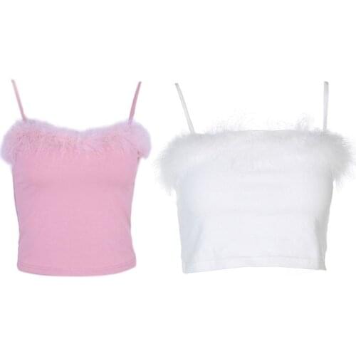 Womens Sexy Crop Top Spaghetti Strap Feather Fluffy Plush Trim Crop Top Bandeau Camisole Pink, White