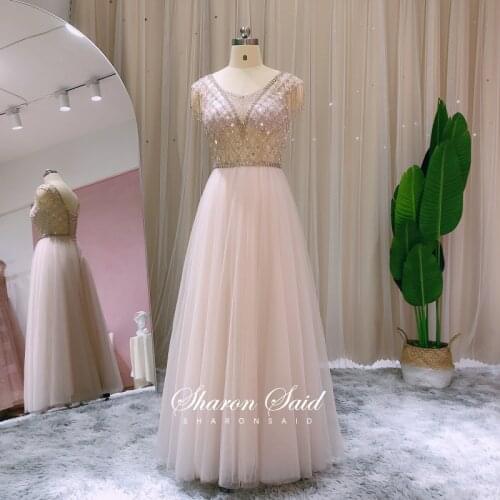 Rose Gold Tulle Arabic Evening Dress 2021 Luxury Dubai Beading Crystal Tassel Long Prom Formal Dresses Women Wedding Party Gowns