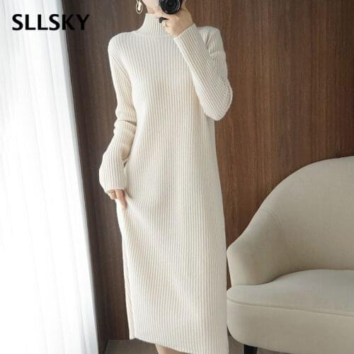 SLLSKY Solid Turtleneck Women Sweater Dress 2021 Autumn Winter Knitting Pullover Dress Female Long Sleeve Mid-Calf Length Dress