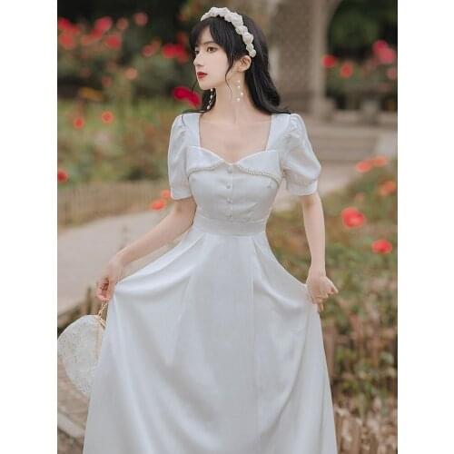 French Fairy Puff Sleeve Square Neck Beaded Chic Fashion White Dress 2021 Summer New Retro Dress Vestidos de fiesta