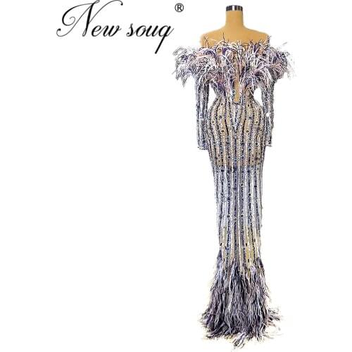 Abendkleider Off The Shoulder Blue Prom Dress Party Night Dresses Feathers Arabic Dubai 2020 Beaded Crystal Formal Evening Gowns