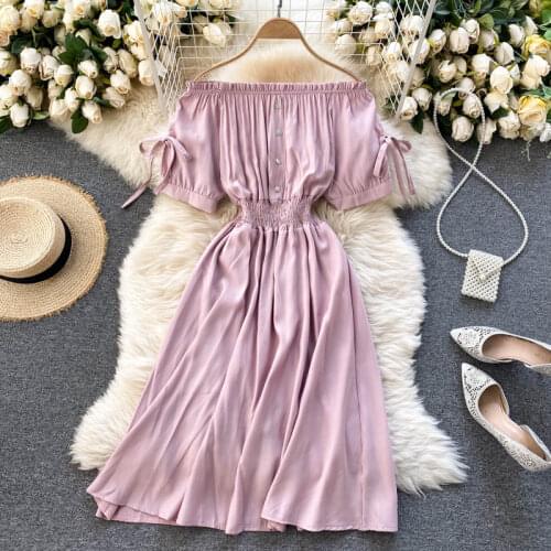 2021 Summer Women Puff Sleeve Slash Neck Bandage Strap Pleated Button Ruffle Dress Lady Elastic Slim Waist Party Midi Chic Dress