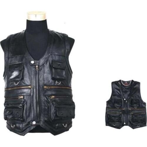 Autumn Winter New Men Waistcoat Genuine Leather Leisure Reporters Suit Than Pocket Quinquagenarian Men Cow Leather Vest Tops