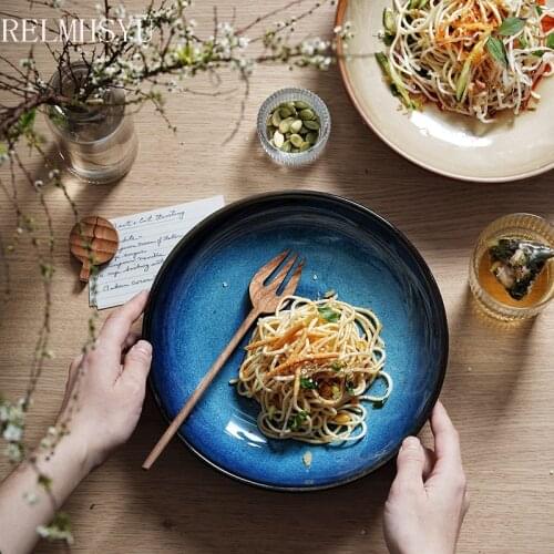 1PC RELMHSYU Japanese Style Kiln Ceramic Round Pasta Salad Deep Dish Household Hotel Retro Wstern Food Shallow Dinner Plate