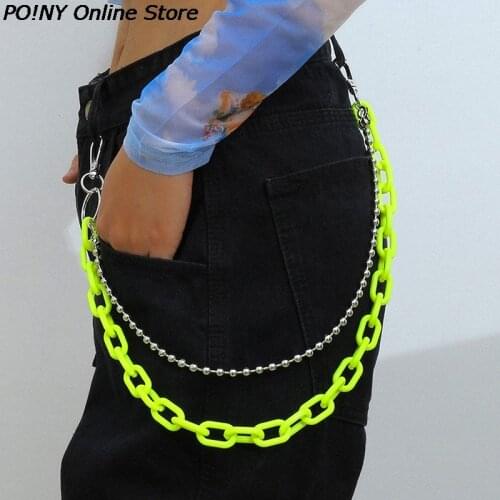 2 Layer Rock Punk Hook Hip-hop Pants Chain Waist Belt Acrylic Candy Color Metal Silver Chain Belts For Women Trouser Accessories