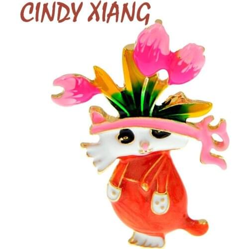 CINDY XIANG New Arrival Cute Enamel Orange Paint Cat Brooches Unisex Women And Men Animal Pink Flower Brooch Pins High Quality