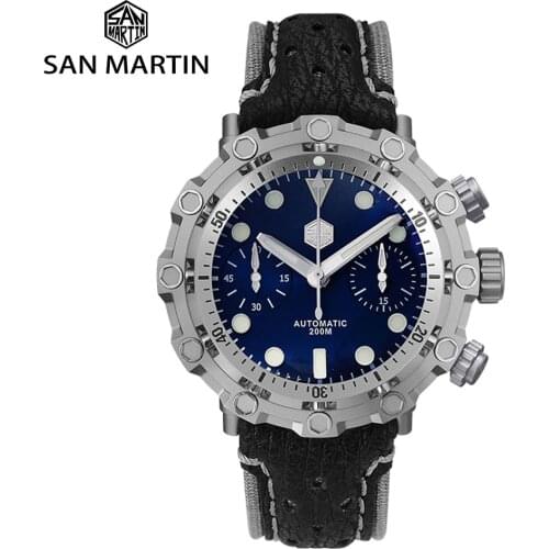 San Martin Dive Watch Swiss ETA 7753 Chronograph Titanium Grade 5 Limited Edition Mechanical Watch Sapphire Shark Leather Strap