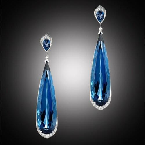 AAA Cubic Zircon Long TearDrop Earrings Vintage Navy Blue Stone Wedding Bridal Crystal Teardrop Infinity Drop Dangle Earring