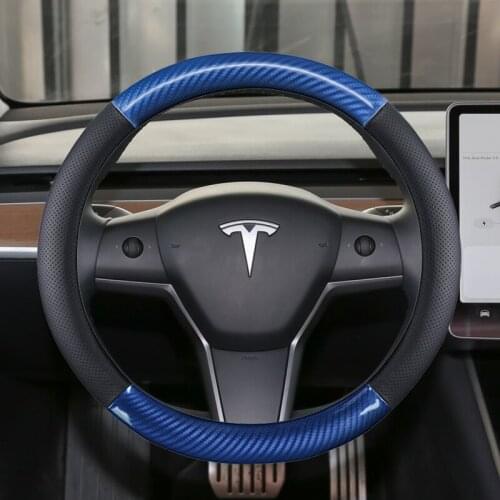 For Tesla Model 3 Model Y Model X Model S Genuine Leather+Carbon Fiber Car Steering Wheel Cover Interior Accessories