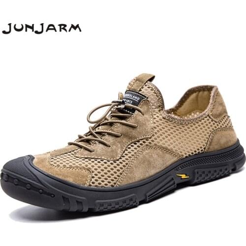 JUNJARM Summer New Mens Leather Mesh Stitching Sneakers Breathable Comfortable Lightweight Outdoor Sport Shoes Plus Size38-46
