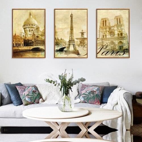 Retro Vintage Poster Eiffel Tower Castle Canvas Paintings for Interior Frameless Prints On The Wall Picture for Home Design