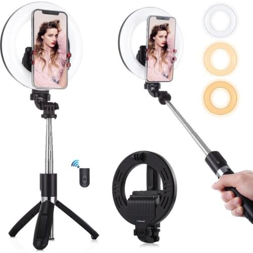 PULUZ 6.3 inch 16cm Ring LED Live Broadcast Vlogging Selfie Light + Bluetooth Selfie Stick Tripod Mount