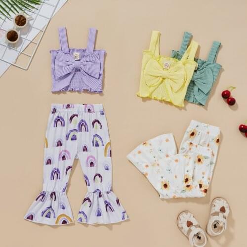 Kids Girls Clothes Set Baby Girl Summer Solid Bow Sleeveless Top + Rainbow Flare Pants 2PCS Outfit Children Clothing Set