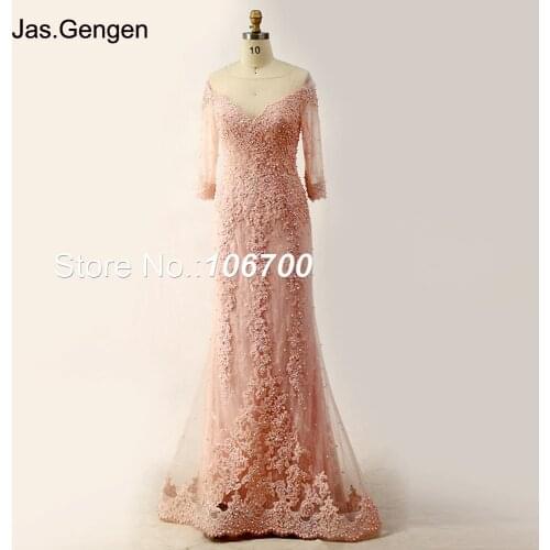 2018 Embroidery Lace Heavy Beading Evening Dresses Illusion Neck With Sleeves High Quality Mremaid Prom Gown 937