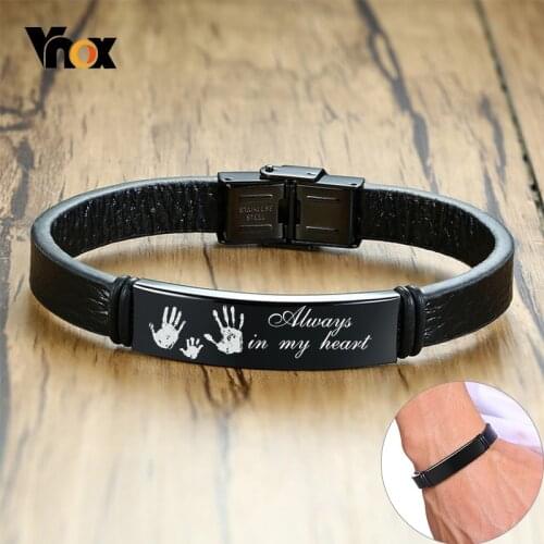 Vnox Personalized Men Bracelets 12mm Stainless Steel ID Bar Leather Bangle Customize Name Anniversary Gift for Him