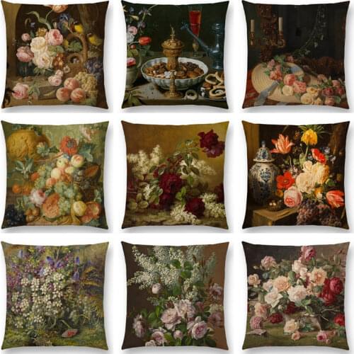 Classical Flowers and Plants Still Life Floriculture Vase Leaf Fruits Food Oil Painting Art Colorful Cushion Cover Pillow Case