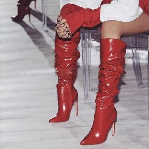New Arrivals Red Shinny Leather Women Knee High Boots Pointed Toe Zipper Ridding Boots Ladies Runway Boots Shoes Customized