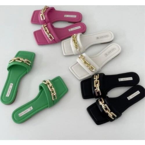 Flat Sandals Women Slippers Brand Design Gold Chain Ladies Slipper Open-Toe Beach Slides Women Slip On Sandal Casual Flip Flops
