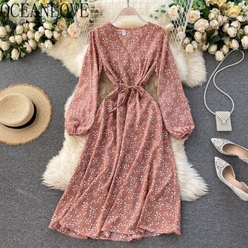 OCEANLOVE 2021 Spring Woman Dress Floral V Necl Elegant A-line Vestidos Laec Up Vintage High Waist Korean Femme Robes 19844