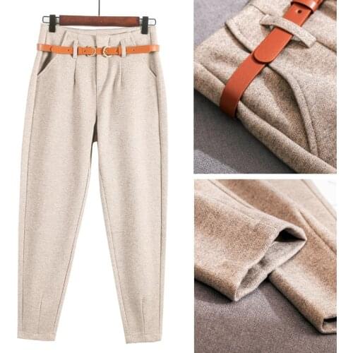 Autumn Winter Wool Long Pencil Pants Suits Set For Work High Waist Women Office Ladies Formal Elegant Trousers Female Plus Size