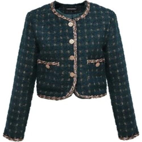 Autumn winter new French style small fragrance short retro tweed jacket women o-neck slim cardigan