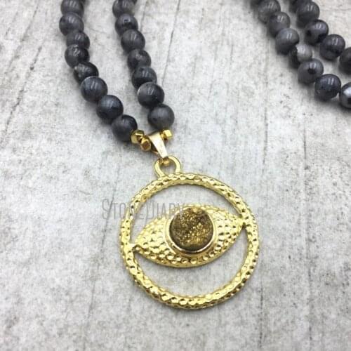 5Pcs Necklace Titanium Gold Druzy Crystal Evil Eye Gold Plating Irregular Surface Circle Necklace Online 32inch NM4845