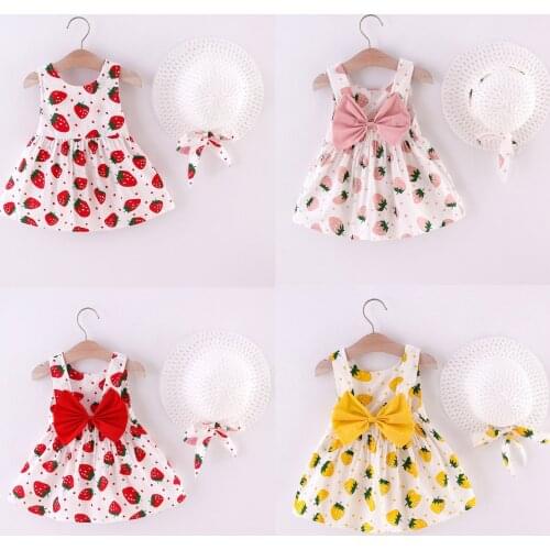 Baby Girl Dress 1-5y Baby Girl Dress Toddler Baby Kids Girls Sleeveless Strawberry Print Princess Dress Hat Outfits Robe Ete