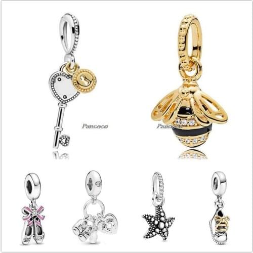 Authentic 925 Sterling Silver Gold Color Key To My Love Heart Pendant Charm Bead Fit Pandora Bracelet & Necklace Jewelry