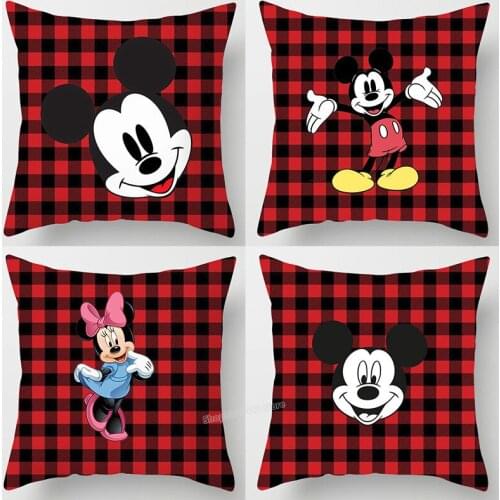 Disney Series Mickey Mouse Pillowcase Red Check Cartoon Mickey Minnie Pillow Cover Cushion Cover Christmas Decoration Home