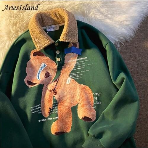 Plus velvet Kawaii Bear Print Hoodies POLO collar Oversize Sweatshirt Warm Loose Casual Korean fashion Womens Pullover Winter