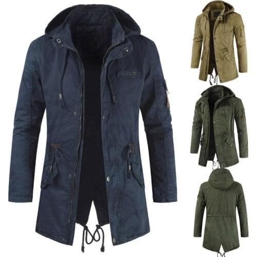 Mens Trench Coat Spring Autumn Male Jacket Overcoat Clothing Long Style Zipper Hooded Drawstring Man Windbreaker Clothes H136