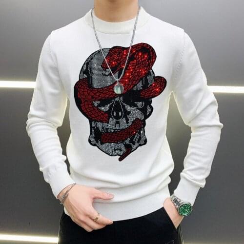 Top Quality Perfect Autumn And Winter New Mens Sweater Warm Cashmere Pullover Personality Rhinestone Skull