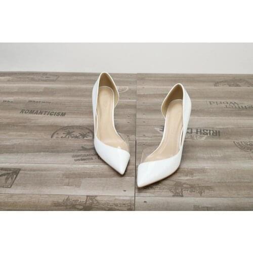 Womens Shoes 2020 new fashionable splicing Sexy thin heels pointed toe high heel side space shallow mouth patent leather shoekl