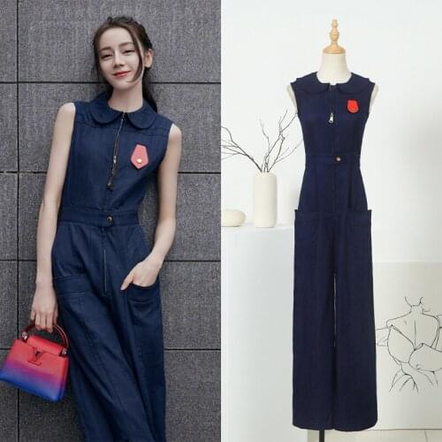 Spliced Denim Wide Leg Jumpsuit Casual Rompers 2021 Fashion Sleeveless Zipper Up Pockets Women Jeans Jumpsuits Overalls