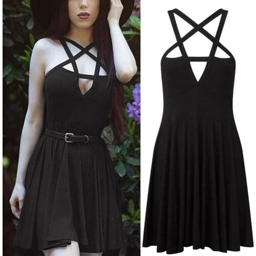 Women Fashion Punk Gothic Sleeveless Pentagram Halter Pleated Large Hem Party Mini Dress Backless Sexy Party Dress traf kpytomoa