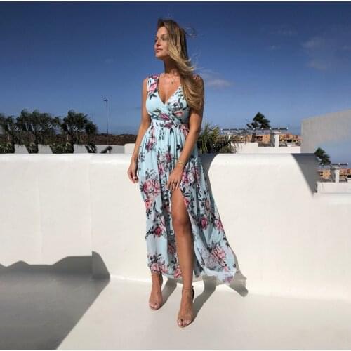 2021 new spring and summer printed chiffon dress sleeveless Holiday Beach split skirt