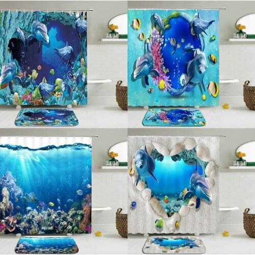 2Pcs/Set 3D Print Ocean Fish Pattern Shower Curtain Set Waterproof Polyester Cloth+Non-slip Mat Rug Toilet Bathroom Home Decor