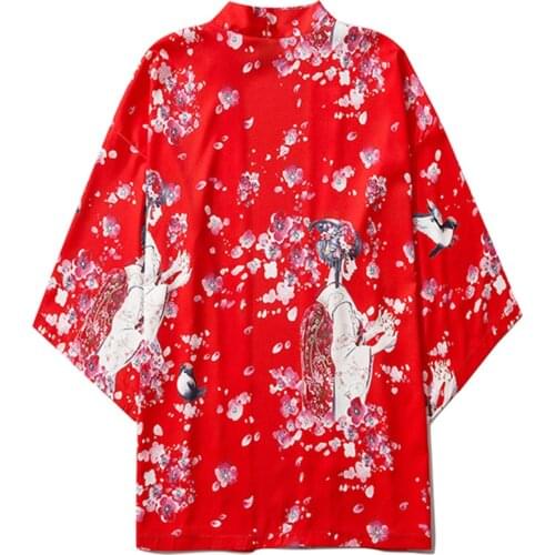 Bebovizi Beach Yukata Men Women Red Cardigan Blouse Harajuku Japan Cherry Blossoms Kimono Femme Japanese Style Sexy Clothes