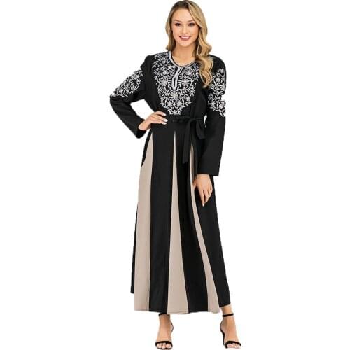 BianFeng Womens Fashion Abaya Embroidered Floral Print Muslim Dress Ramadan Eid Abaya Long Sleeve Stitching Femme Dress