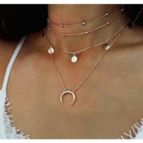 Bohemian 2color Fashion Statement Gold Alloy Multilayer Long Chain Coin Moon Shape Pendant Necklace For Women Accessories