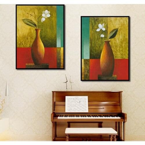 Flowers Home Decoration Vase Green Leaves Canvas Painting Retro Decor Impressionist Prints Wall Pictures for Living Room