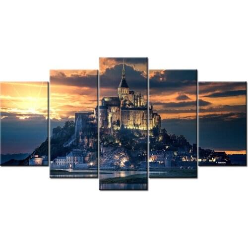 HD Prints Canvas Wall Art Living Room Home Decor Pictures 5 Pieces Mount-Saint-Michel and its Bay Paintings Posters Framework