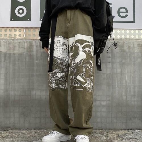 Jeans Womens Trend Mens and Womens Jeans ins Retro Homemade American Character Printed Casual Loose Straight Pants