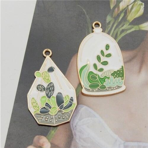 Julie Wang 4PCS Enamel Potted Plant Charms Zinc Alloy Cactus Grass Pendant Bracelet Jewelry Making Accessory