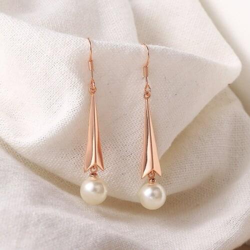 Elegant Rose Gold Plated Pearl Earrings Bridal Cocktail Party Women Long Dangle Drop Earrings Wedding Engagement Jewelry Gifts