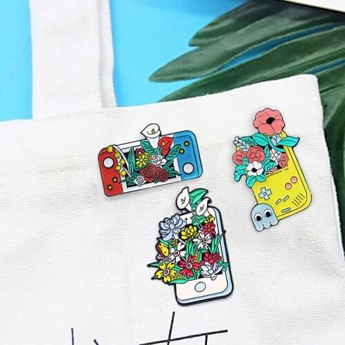 Colorful flowers game machine Enamel Brooch Lapel Pin Retro gamepad Blooming phone Fashion custom Badge Gifts for game fans