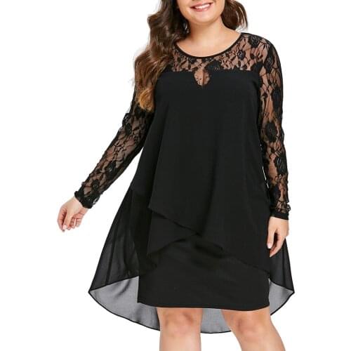 Fashion Women Casual Dresses Plus Size Sheer Lace Sleeve Elegant Dress High Low Hem O-neck Swing Dress Vestidos De Verano #G3