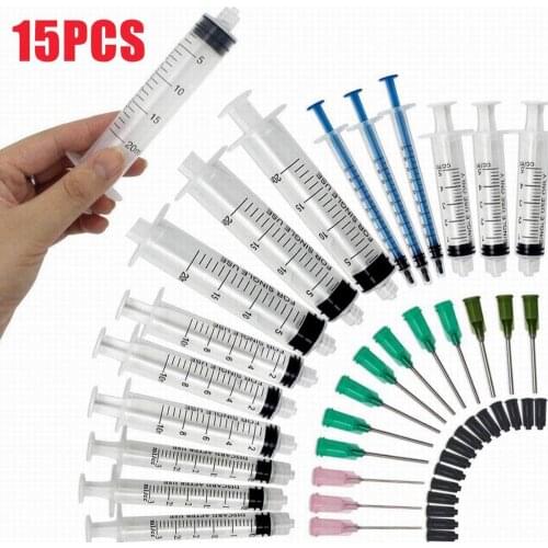 15pcs Syringes Set 14/16/20GA Blunt Tip Needle with Caps Luer Slip Syringe Glue Applicator Multi-functional Refilling and Measur